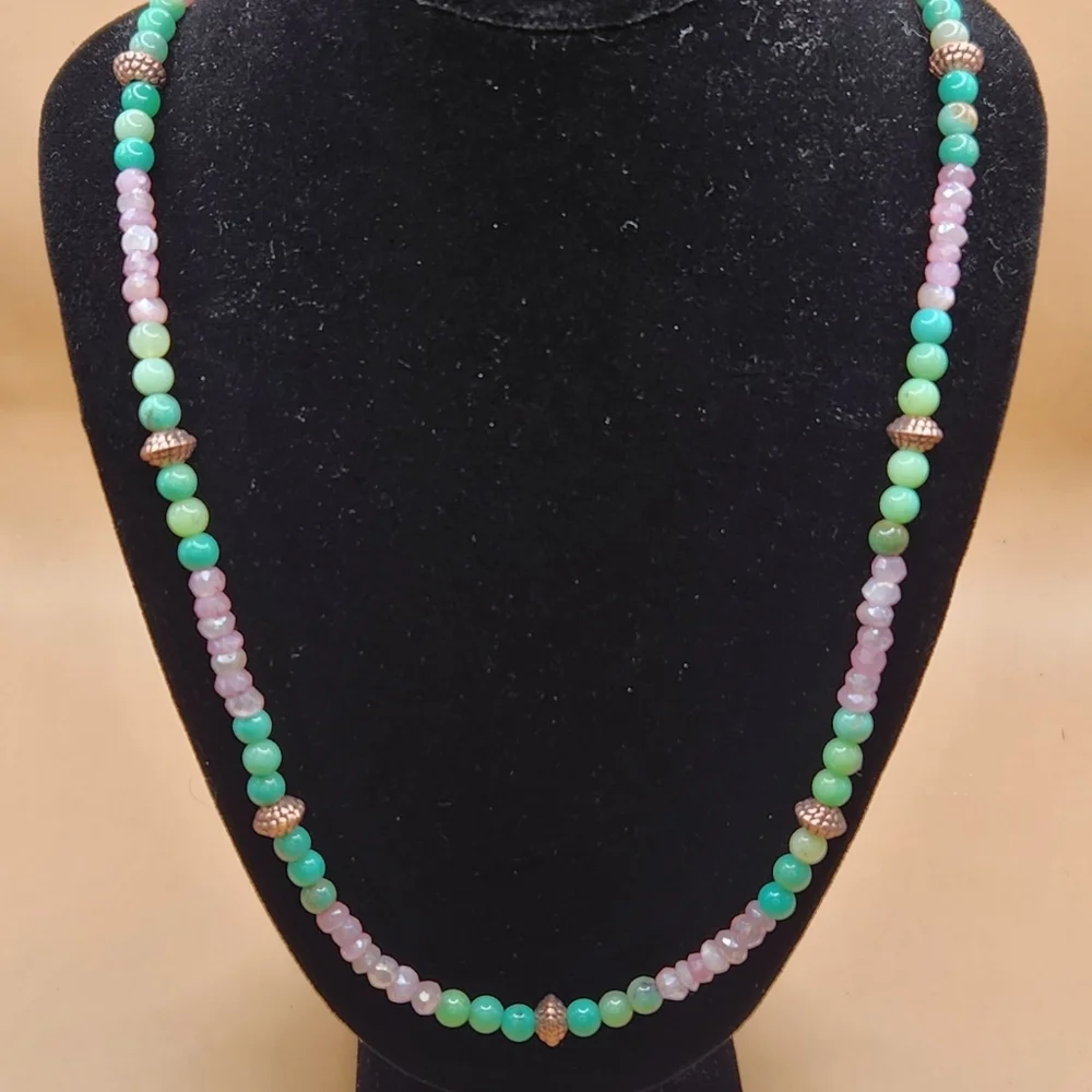 Mystic Pink Moonstone, Chrysoprase and Copper Beaded Necklace